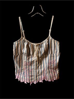 Bisou Bisou Blue, Cream & Pink Striped Embroidered Camisole
